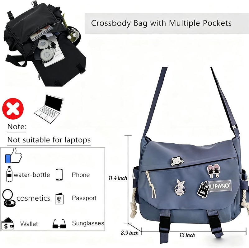 INSHERE Aesthetic Crossbody Bag with Cute Pins and Ornament, Nylon Shoulder Messenger Bag Japanese Kawaii Bag for Women Men - Image 3
